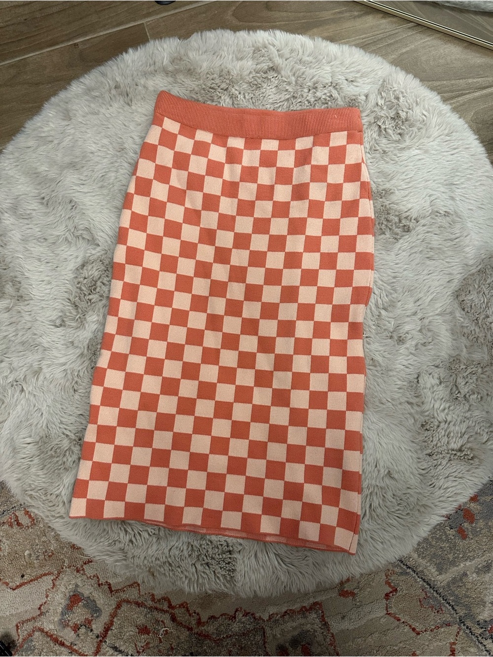 Roolee Coral and Light Pink Checkerboard Knit Pencil Skirt